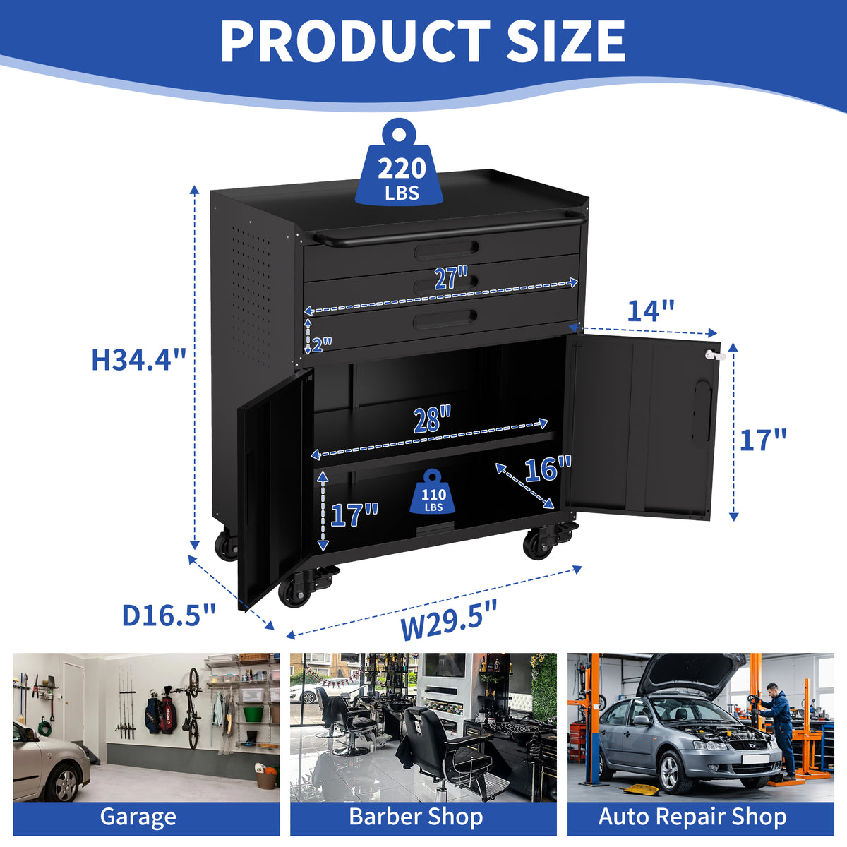 34.3 Rolling Metal Tool Cabinet Heavy Duty Garage Storage With Lockable Doors - Image 2