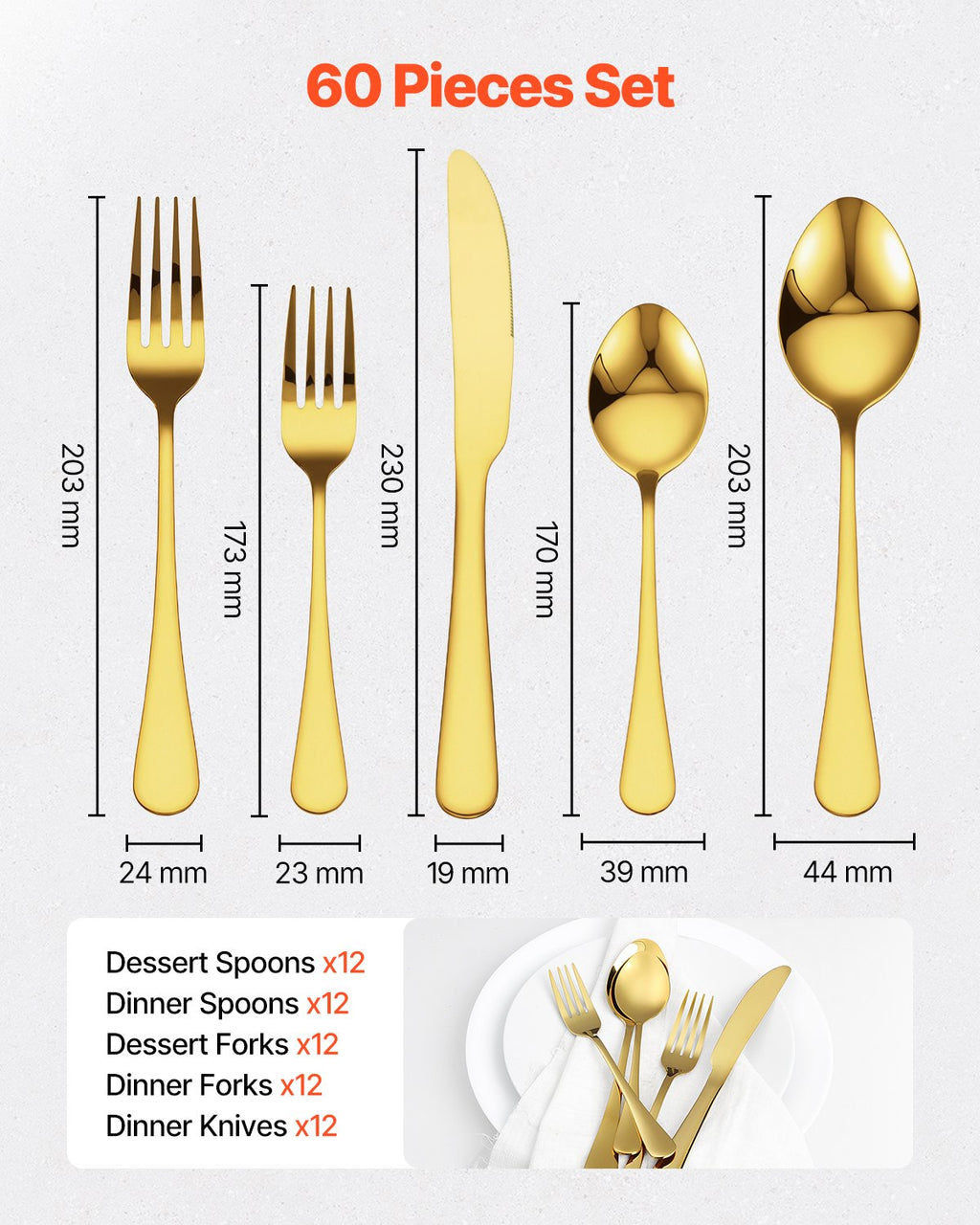 60 Piece Silverware Set Stainless Steel Cutlery Flatware Utensil Kitchen For 12 - Angle and Detail View
