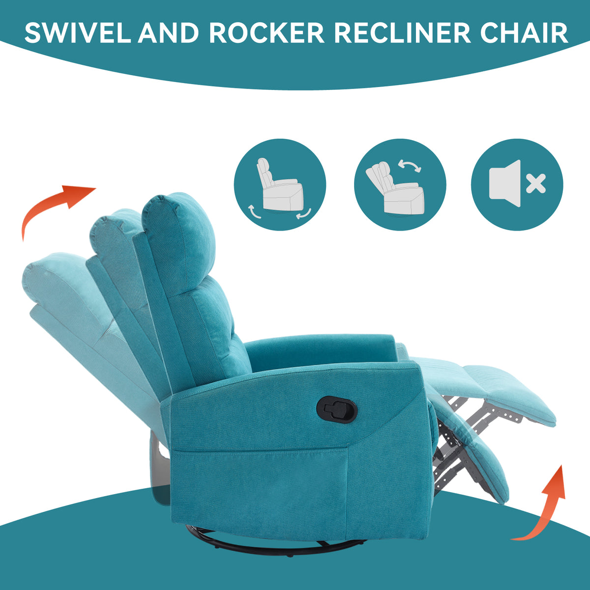 Manual Recliner Chair with Rocker and Swivel in Fabric for Living Room Blue - Image 5