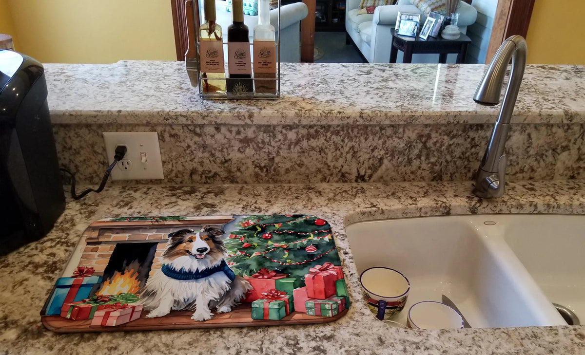Sheltie Cozy Christmas Dish Drying Mat Absorbent Dish Drying Mat Pad for