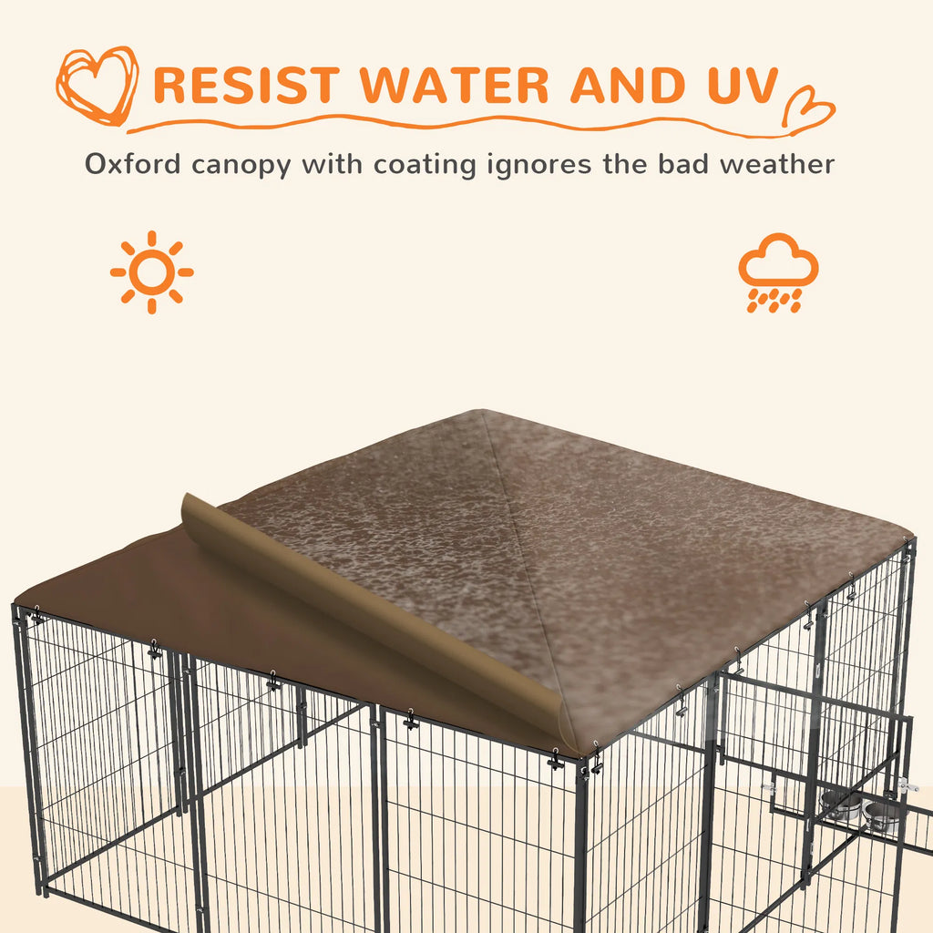 6.9' x 6.9' x 5' Outdoor Dog Kennel with Canopy Rotating Bowls Coffee - Image 3