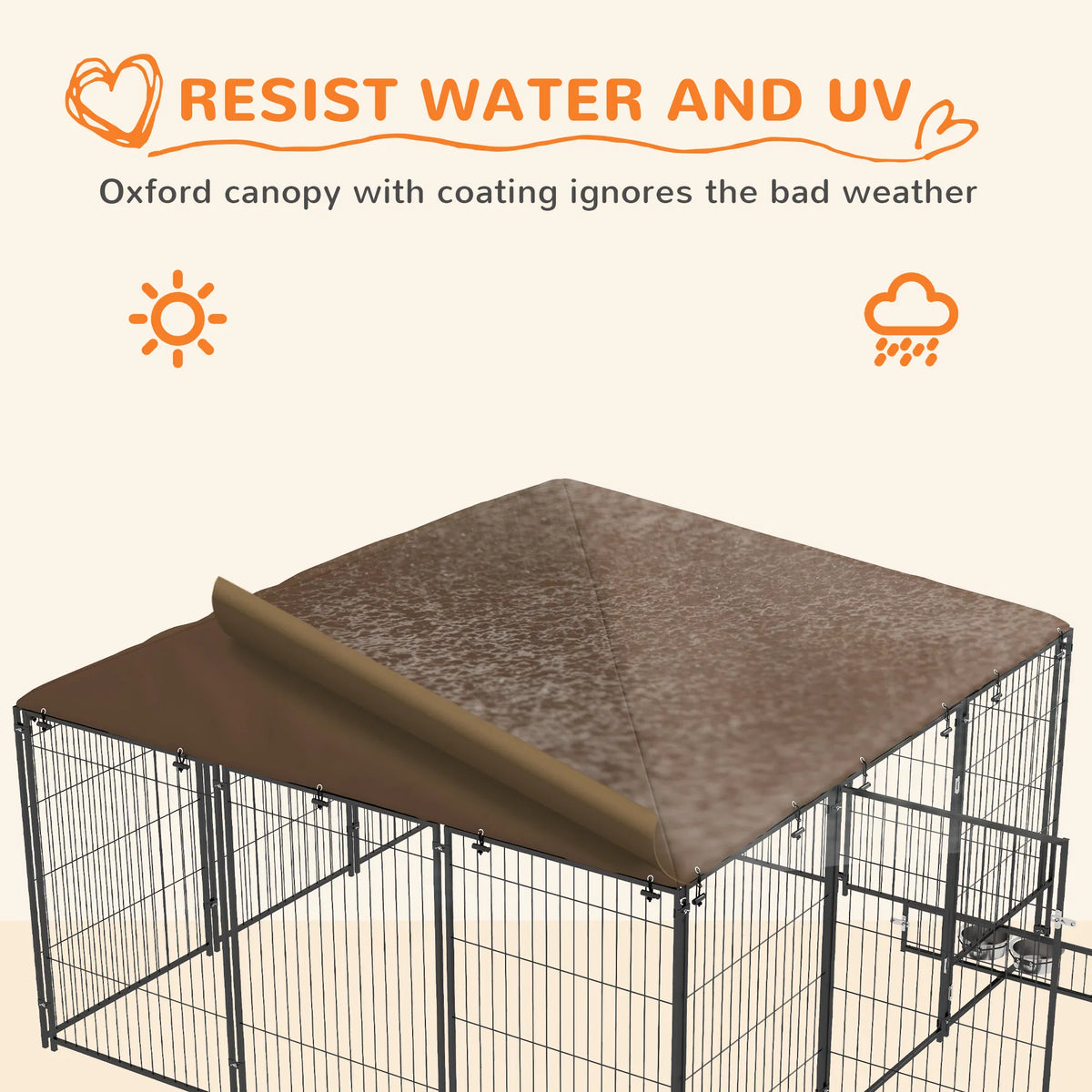 6.9' x 6.9' x 5' Outdoor Dog Kennel with Canopy Rotating Bowls Coffee - Image 3