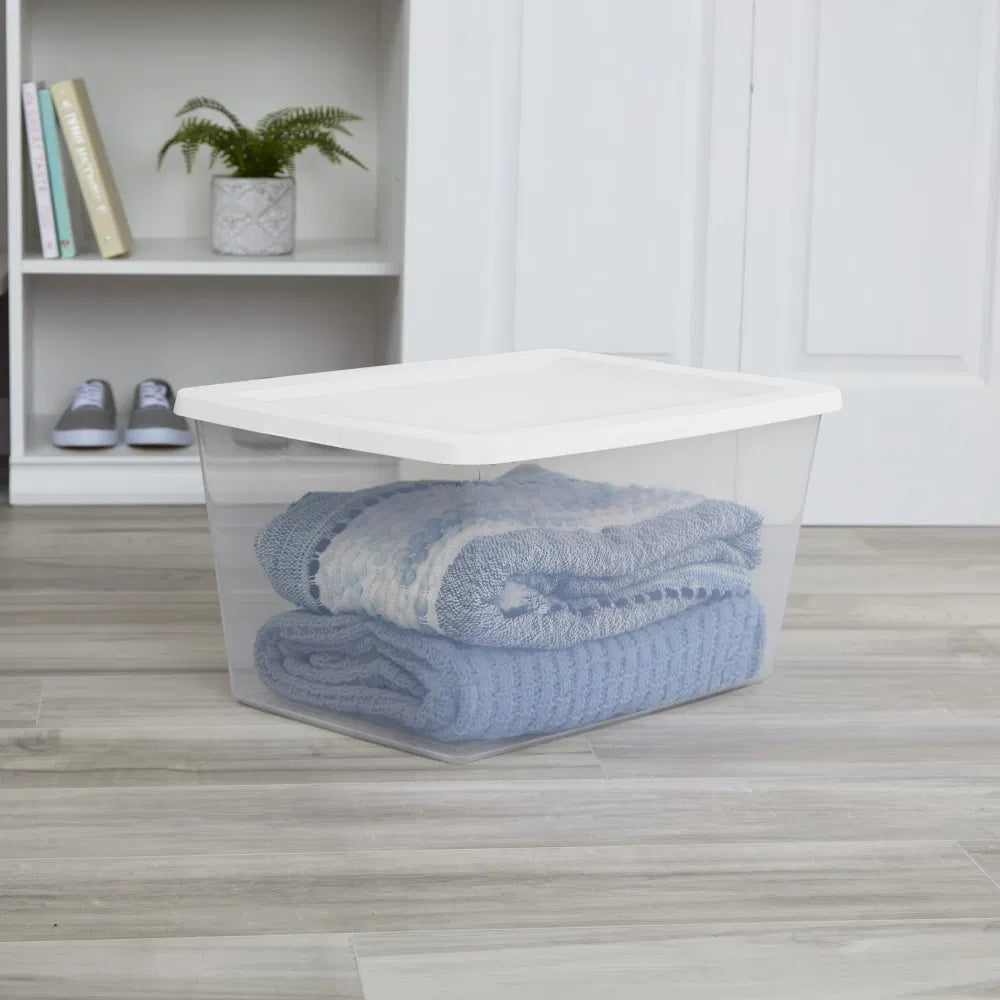 58 Quart Storage Box, Clear Plastic Storage Bin with Snap-on Lid, White, 8 - Side Profile and Dimensions