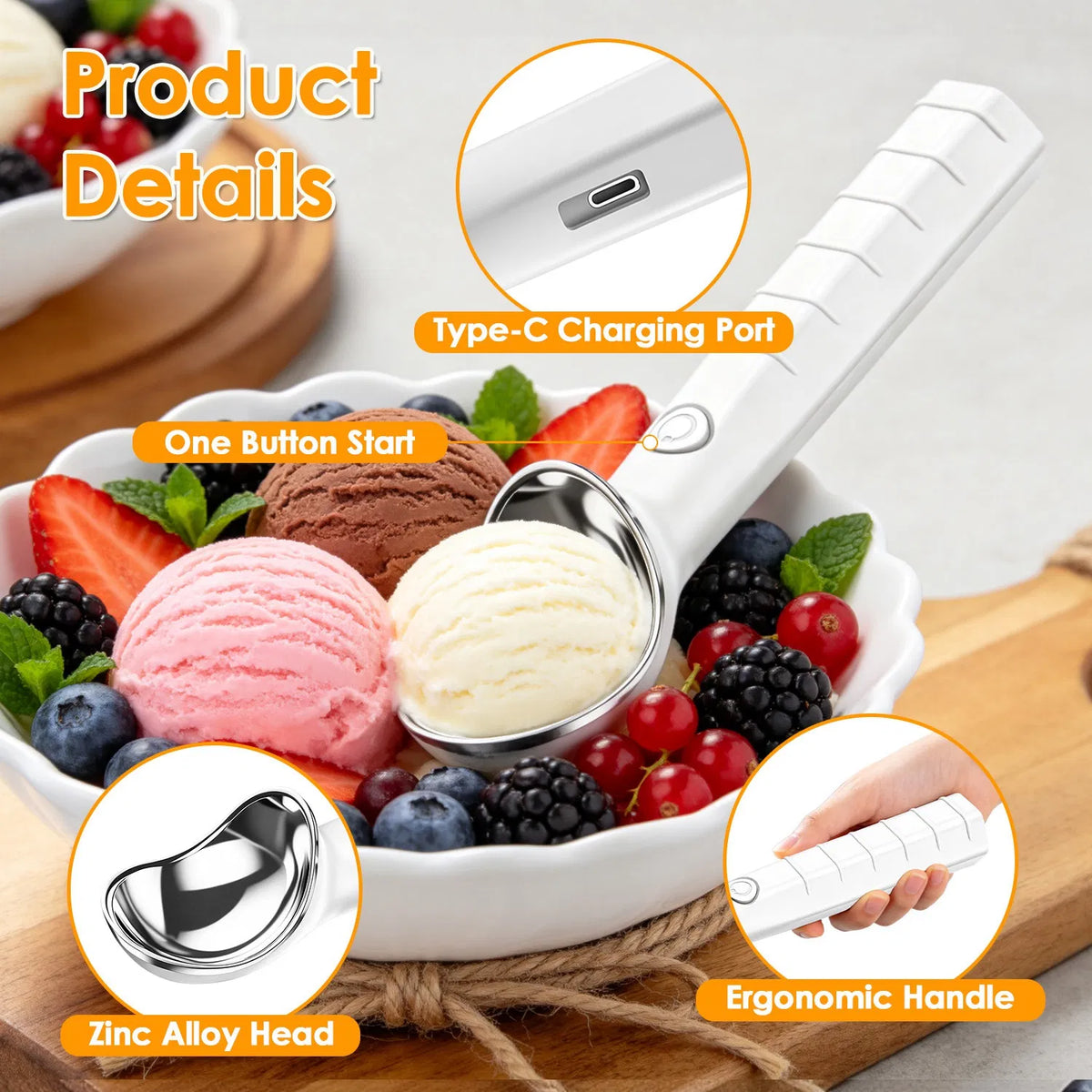 Heated Ice Cream Scoop Rechargeable Electric Ice Cream Scooper IP66 Waterproof