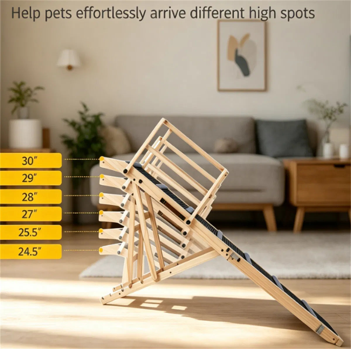 6 Level Adjustable Foldable Pet Ramp Solid Pine Wood Non Slip Dog Stairs with - Image 2
