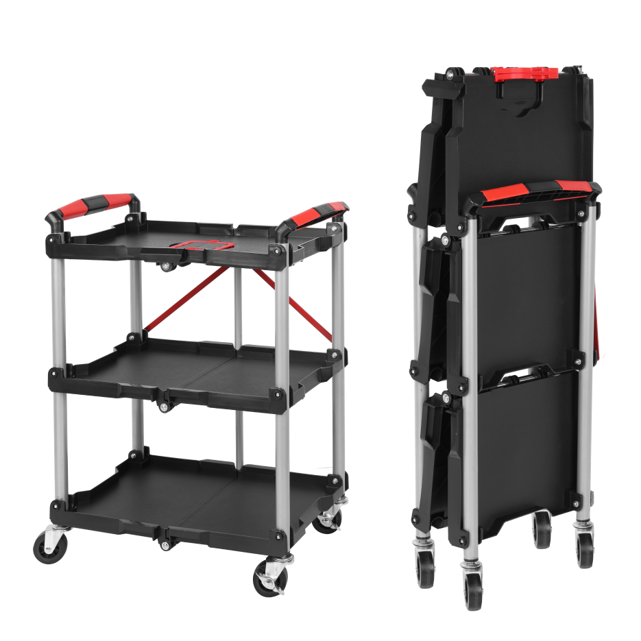 Foldable Utility Service Cart 3 Shelf Heavy Duty Plastic Rolling Cart With