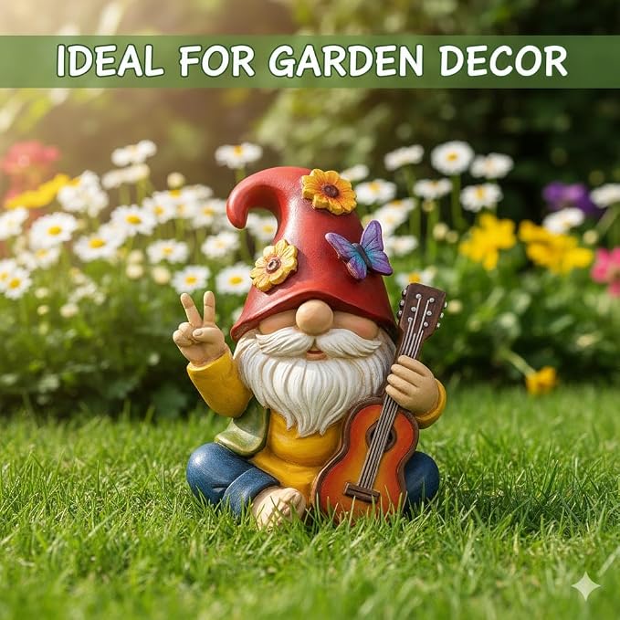 Red Peace Sign Garden Gnome Guitar Playing Resin Statue For Outdoor Lawn Decor