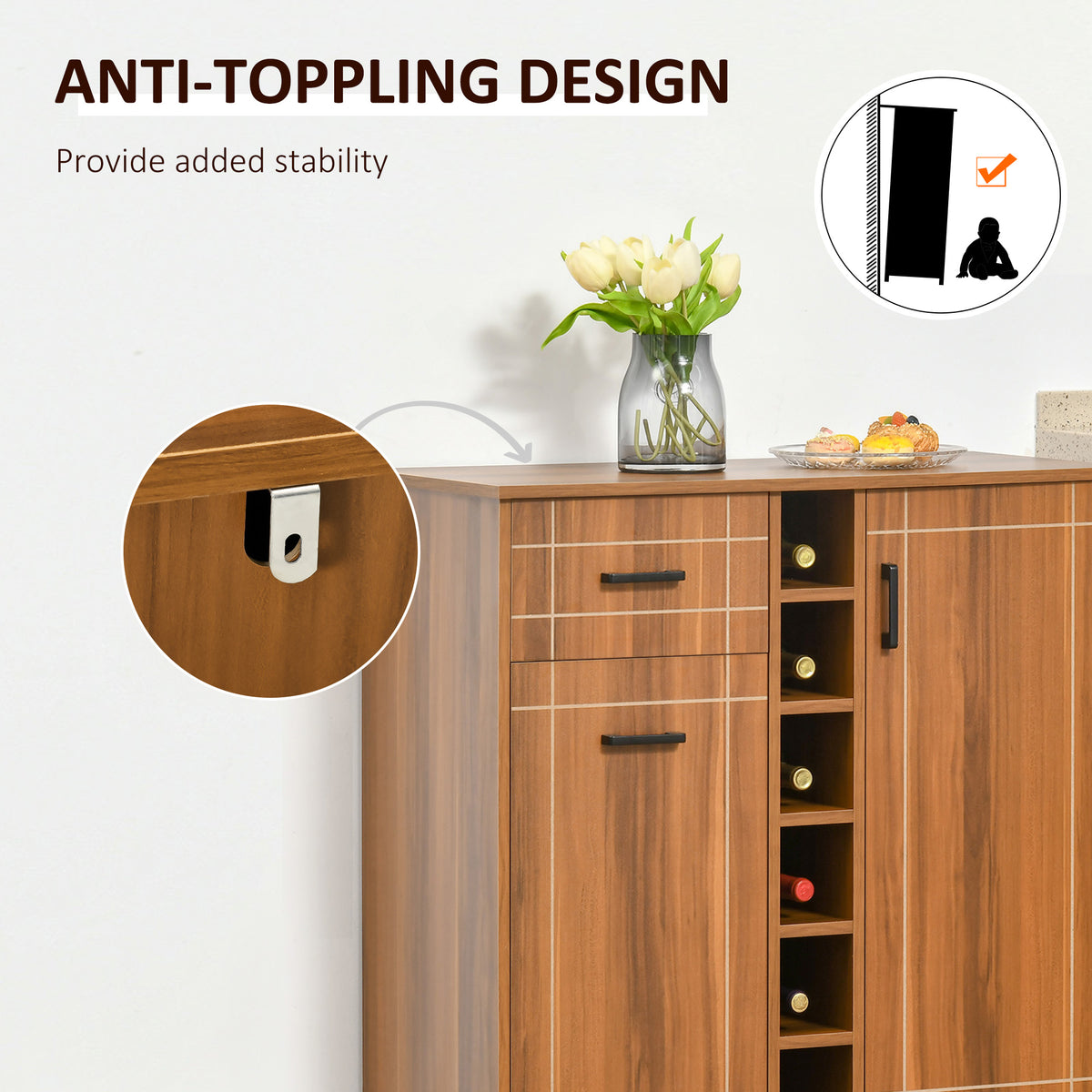 Retro Wine Cabinet For Bottles Rack Sideboard Serving Bar With Glass Holders - Image 4