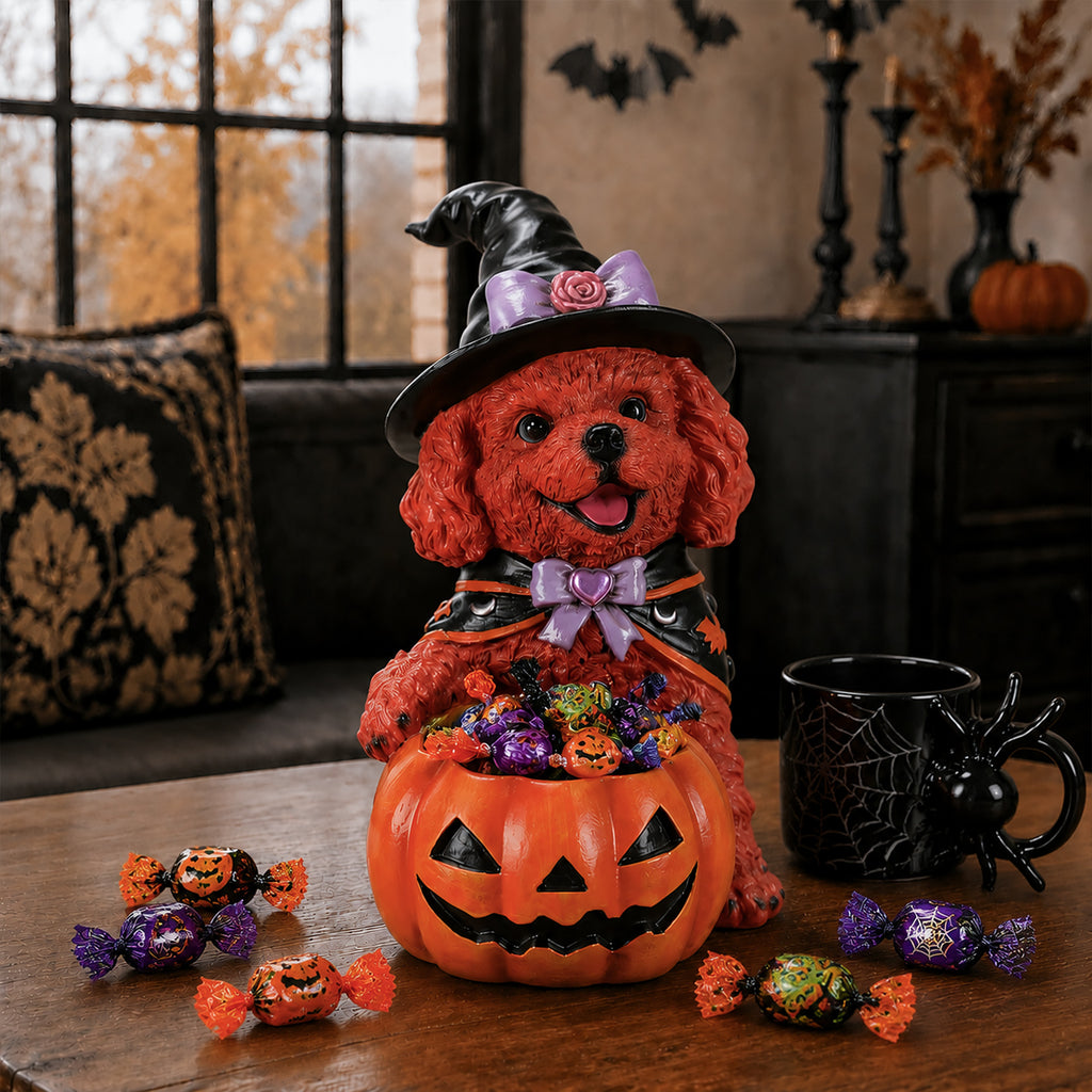 Halloween Brown Teddy Dog Witch Figurine Cute Puppy Holding Pumpkin Candy Bowl - Image 3