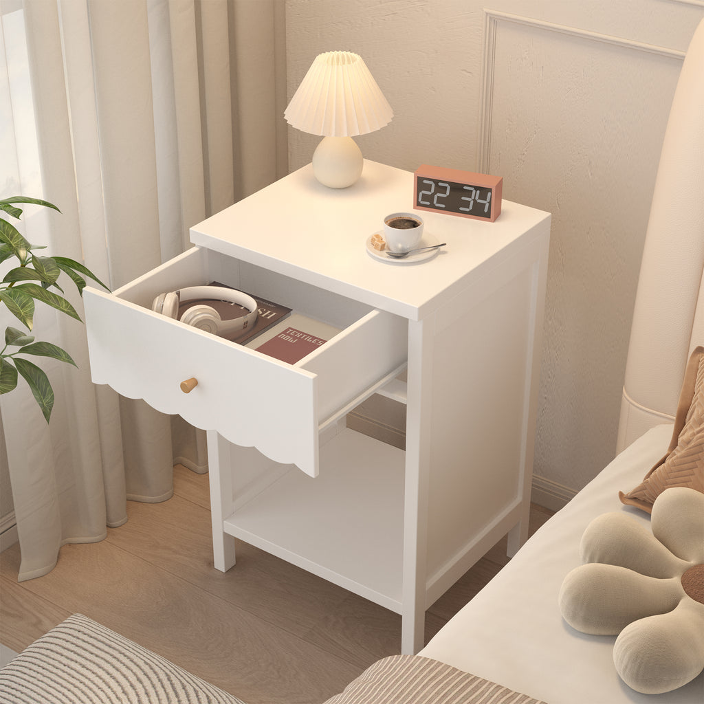 White Scalloped Nightstand with Drawer and Open Shelf