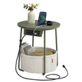 VASAGLE Side Table With Charging Station Fabric Basket Round End Table