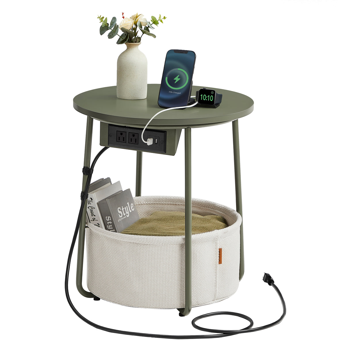 VASAGLE Side Table With Charging Station Fabric Basket Round End Table