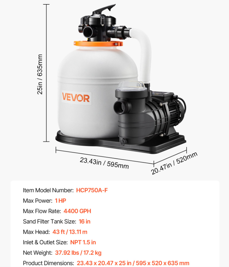 FlashPure Sand Filter Pump 16 In For Above Ground Pool 1 HP 4400 GPH - Image 4