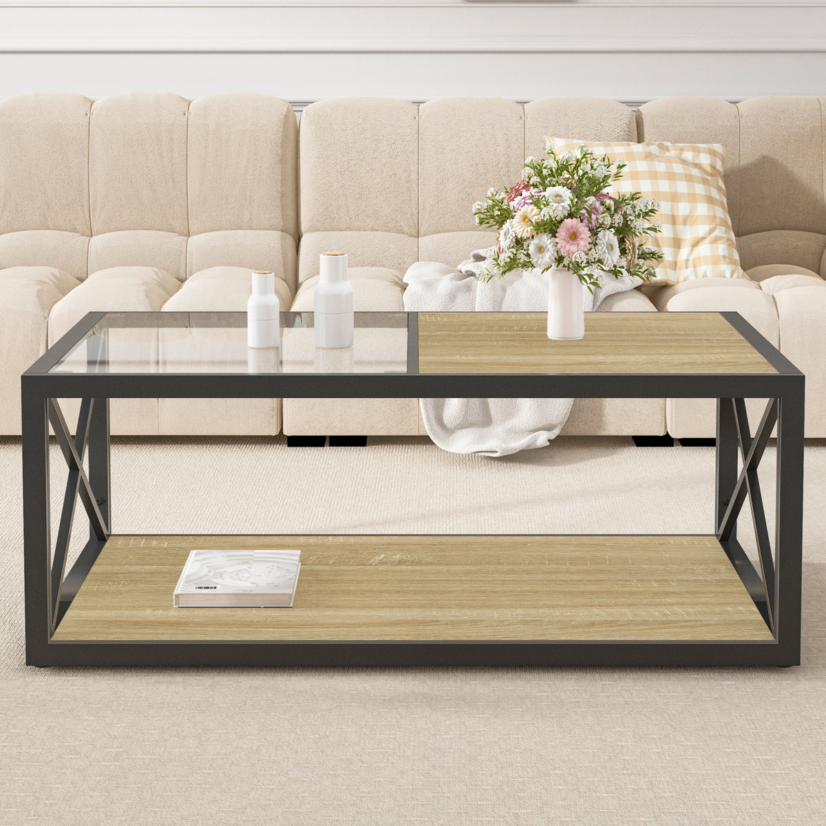 Natural Wood and Glass Coffee Table