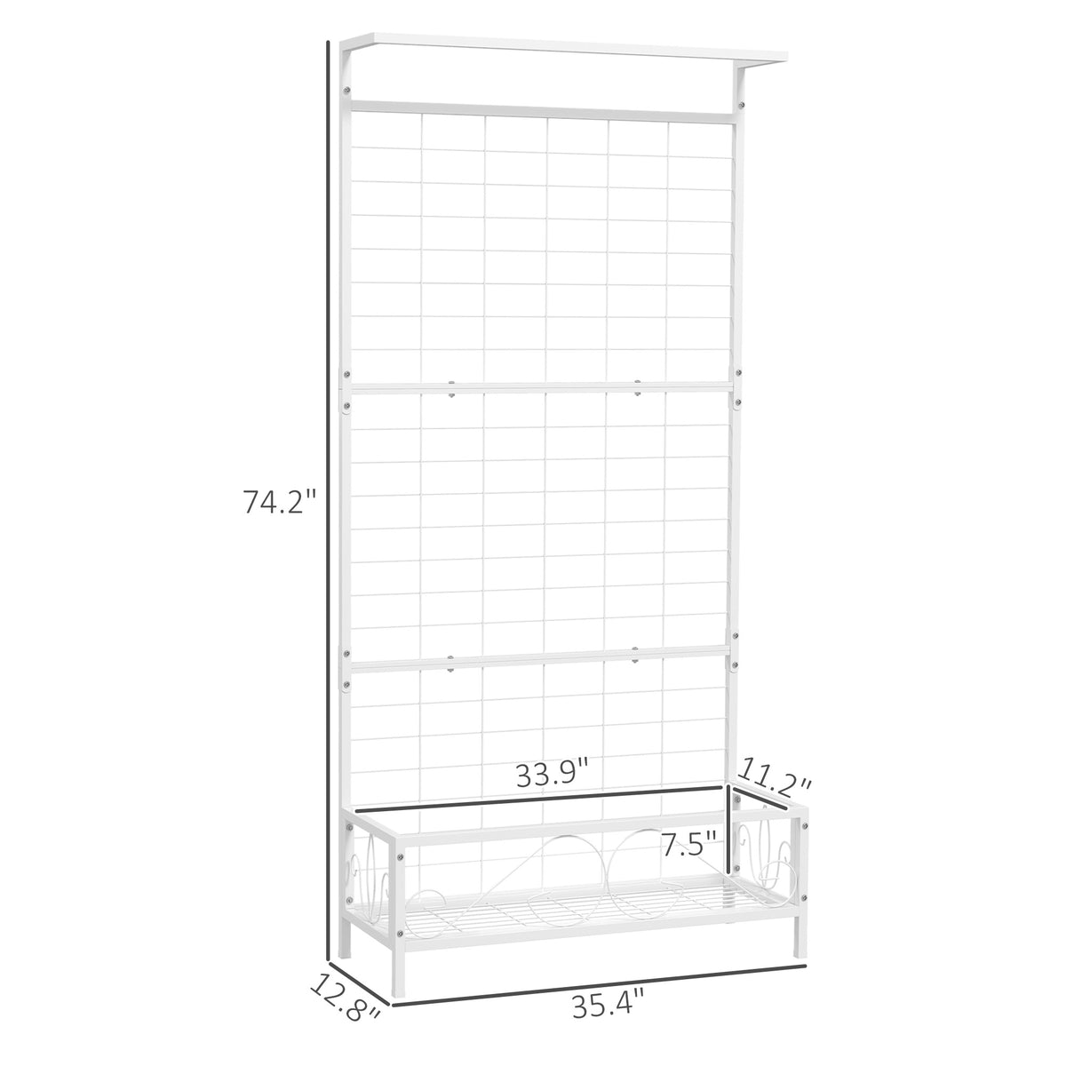White Plant Holder Metal Tall Stand With Trellis And Hanging Bar For Indoor - Angle and Detail View