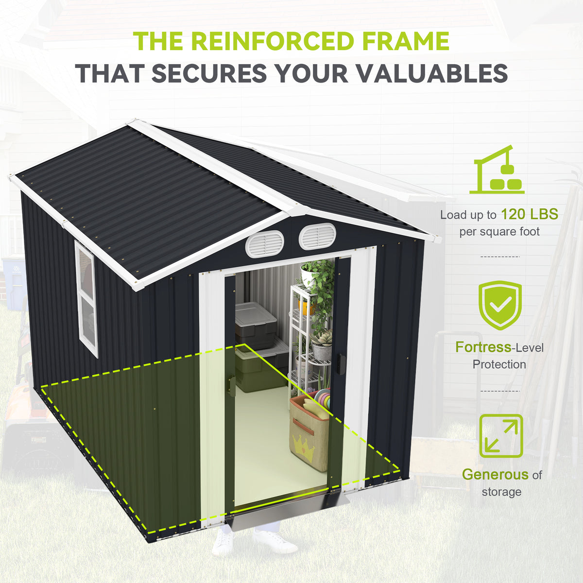 8x6ft galvanized metal outdoor storage shed exterior detail