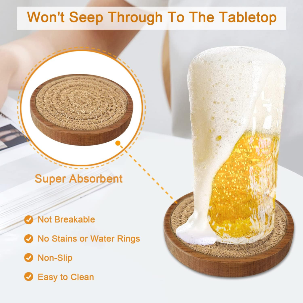 5 Pack 4 Inch Wood Drink Coasters Absorbent Woven Coaster Set For Coffee Table - Image 2