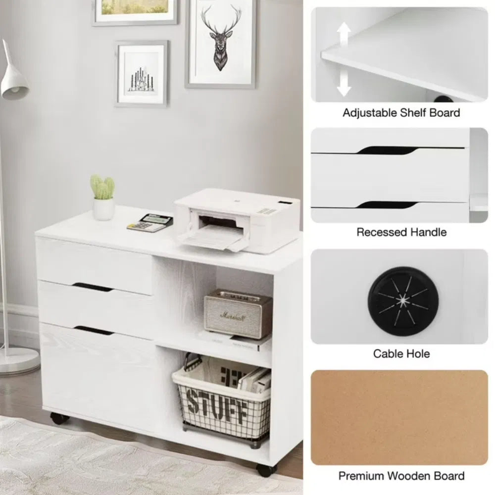 3 Drawer File Cabinet with Wheels Rolling Wood Printer Stand with - Image 2