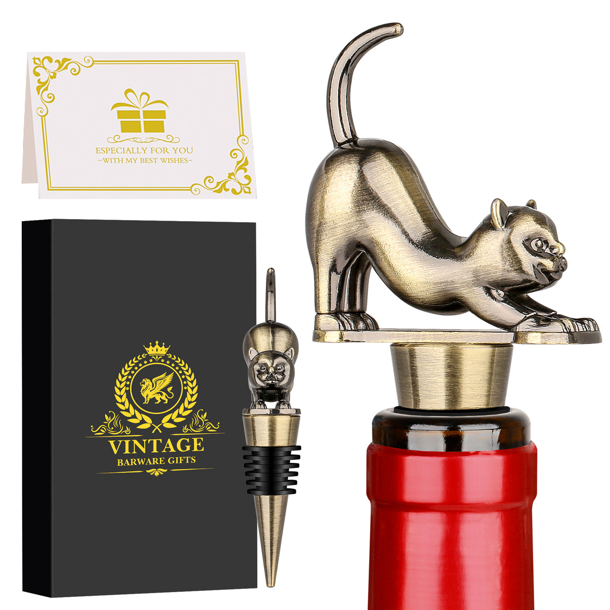 Elegant Upturned Cat Shaped Red Wine Stopper Set With Metallic Luster Bottle - Image 2