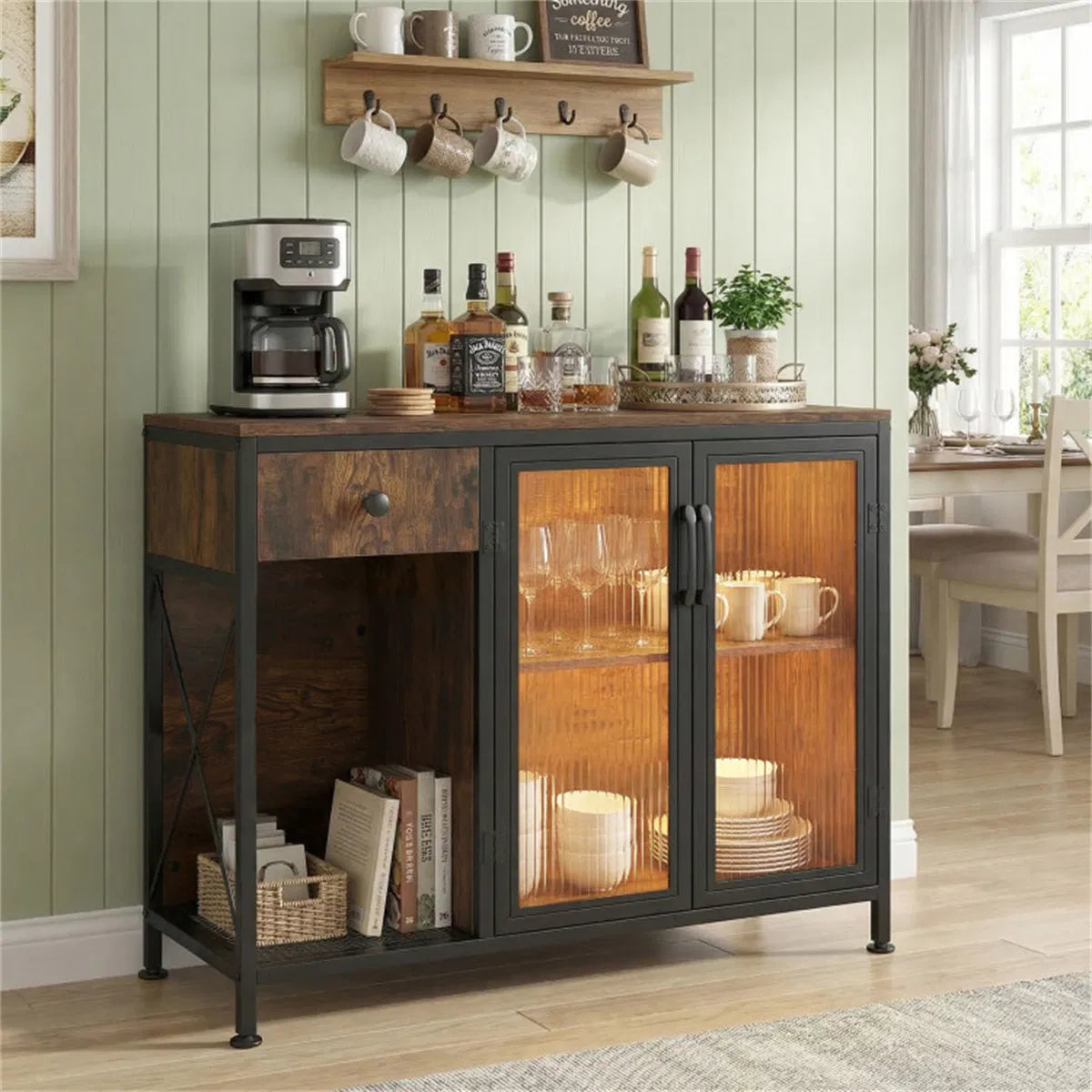 Rustic Brown Coffee Bar Table with Storage Drawer Cabinet RGB LED and Power Outlet - Image 3
