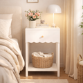 White Scalloped Nightstand with Drawer and Open Shelf