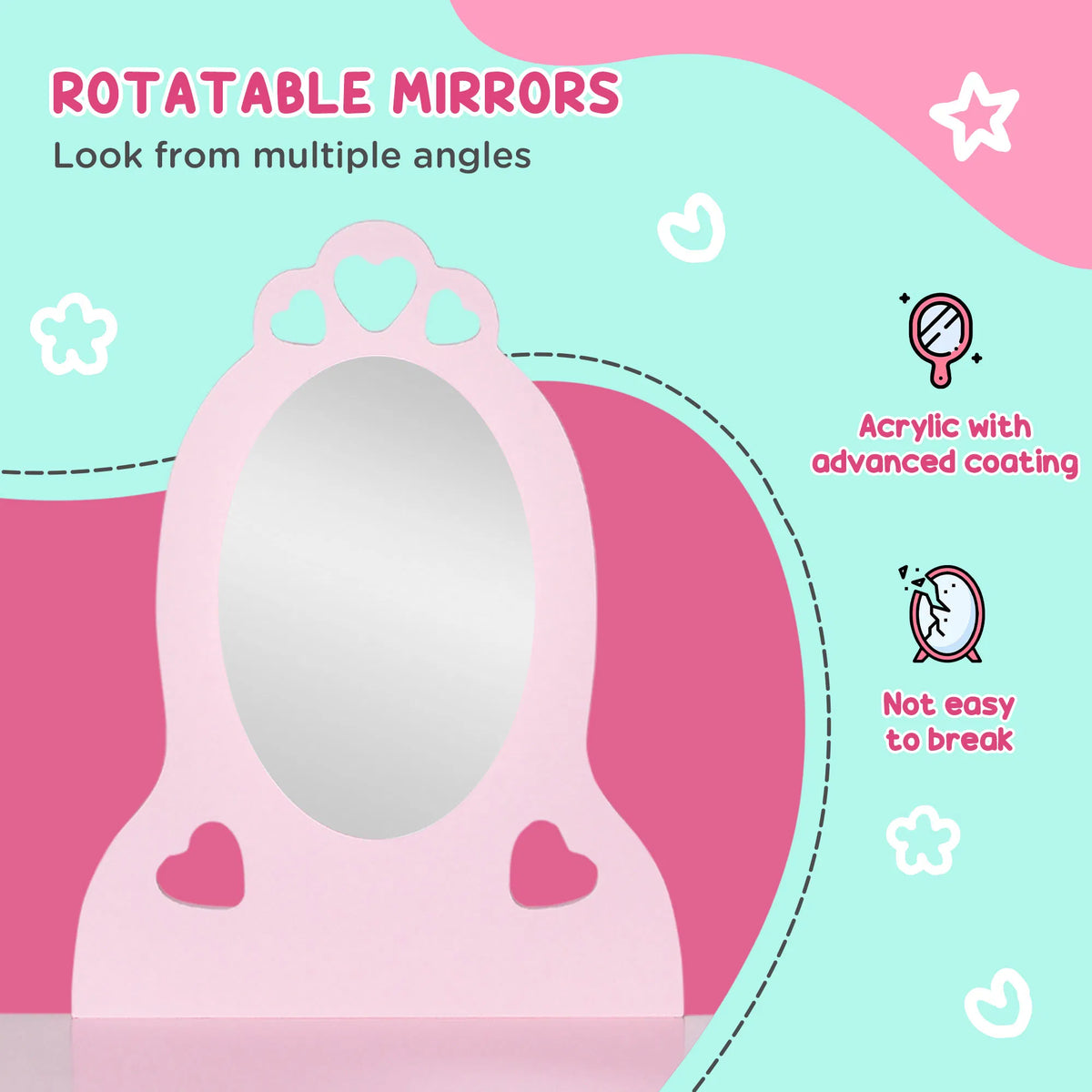 Kids Vanity Table Set with Mirror and Stool Drawer for 3 6 Years Pink - Image 5