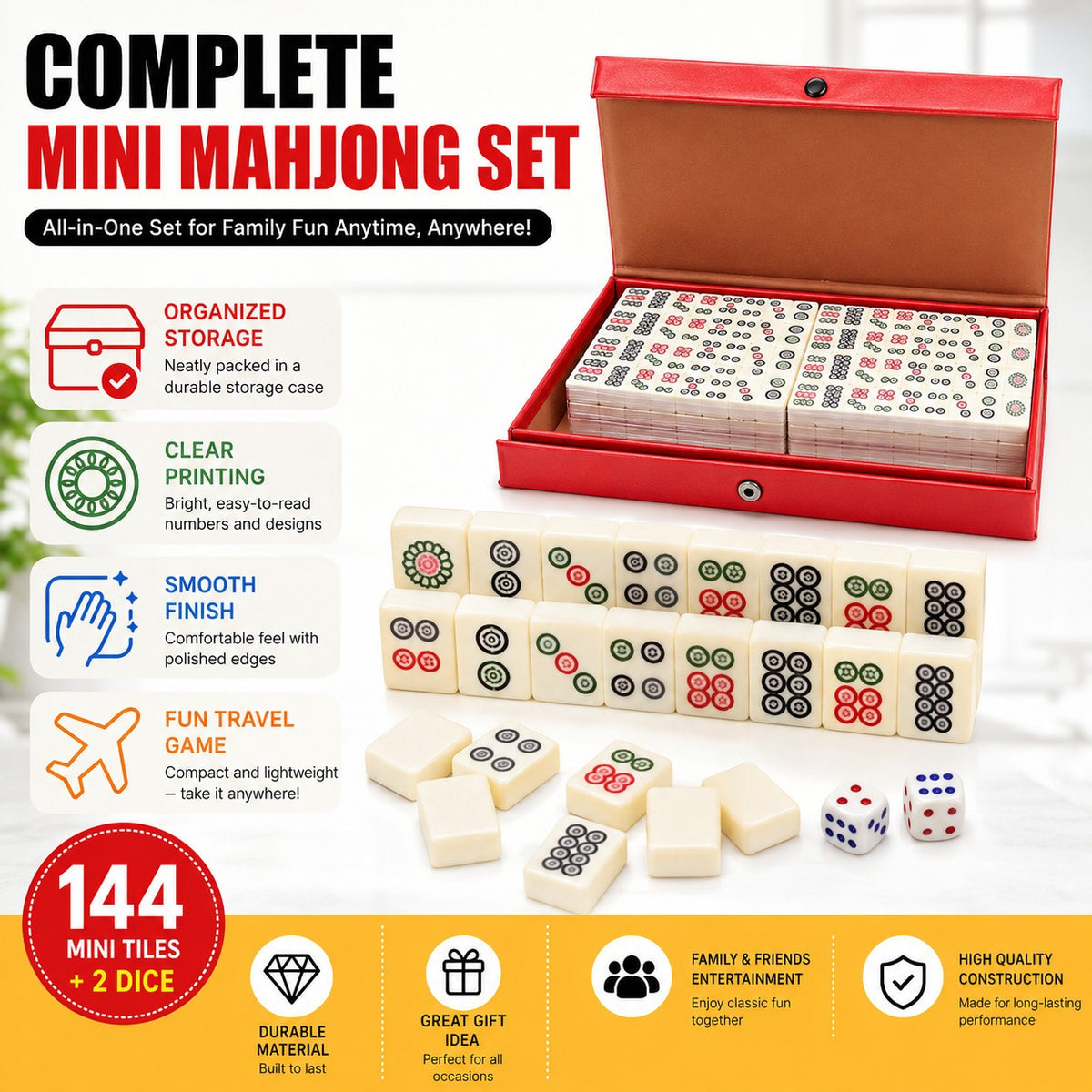 Pocket Mahjong Set 144 Mini Tiles 2 Dice Red Case Family Travel Games Gifts Toys - Image 5