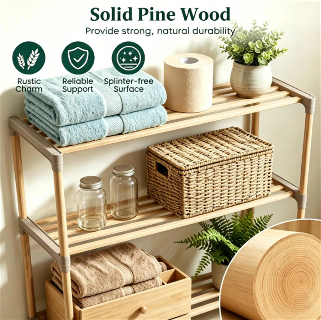 Multi Tier Over Toilet Storage Shelf Solid Pine Wood Bathroom Space Saving - In-Use and Feature Display