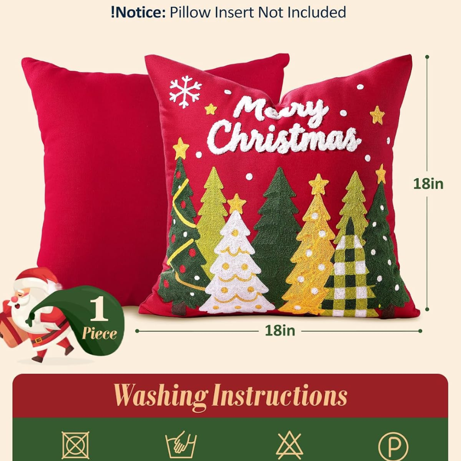 Christmas Embroidered Pillow Cover 18x18 Inch Red Trees