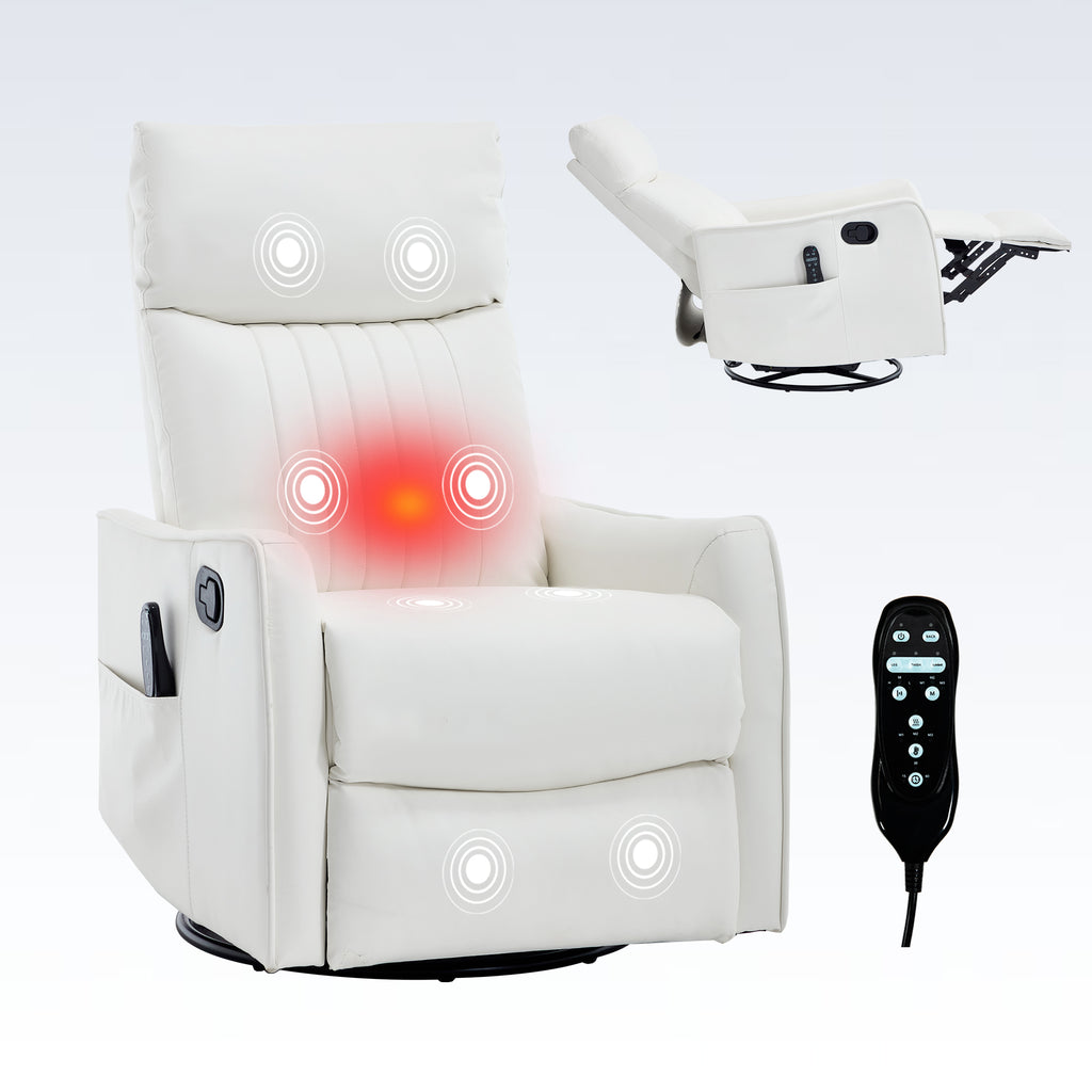 White Heat Massage Manual Recliner Chair with Rocker and Swivel in Faux Leather