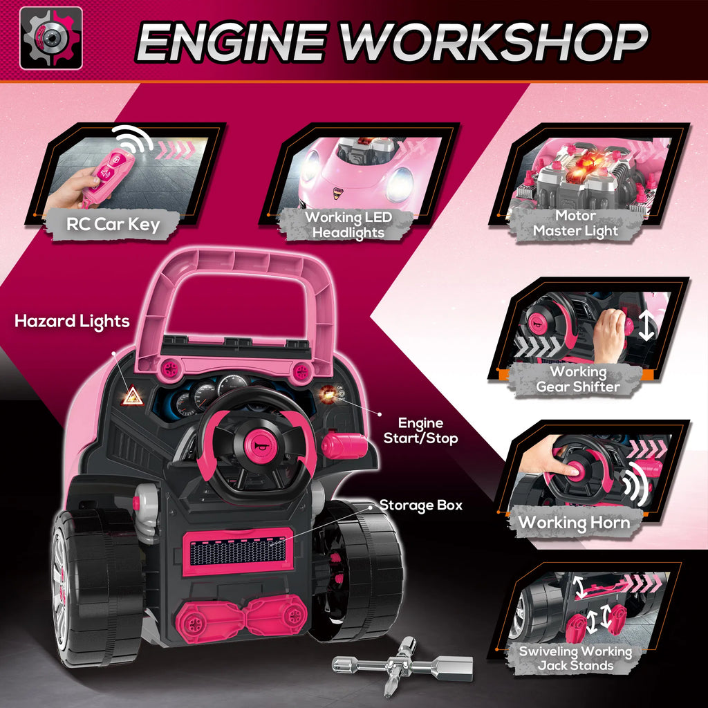Mechanic Kids Truck Engine Toy Set Car Service Play Set Pink - Image 3