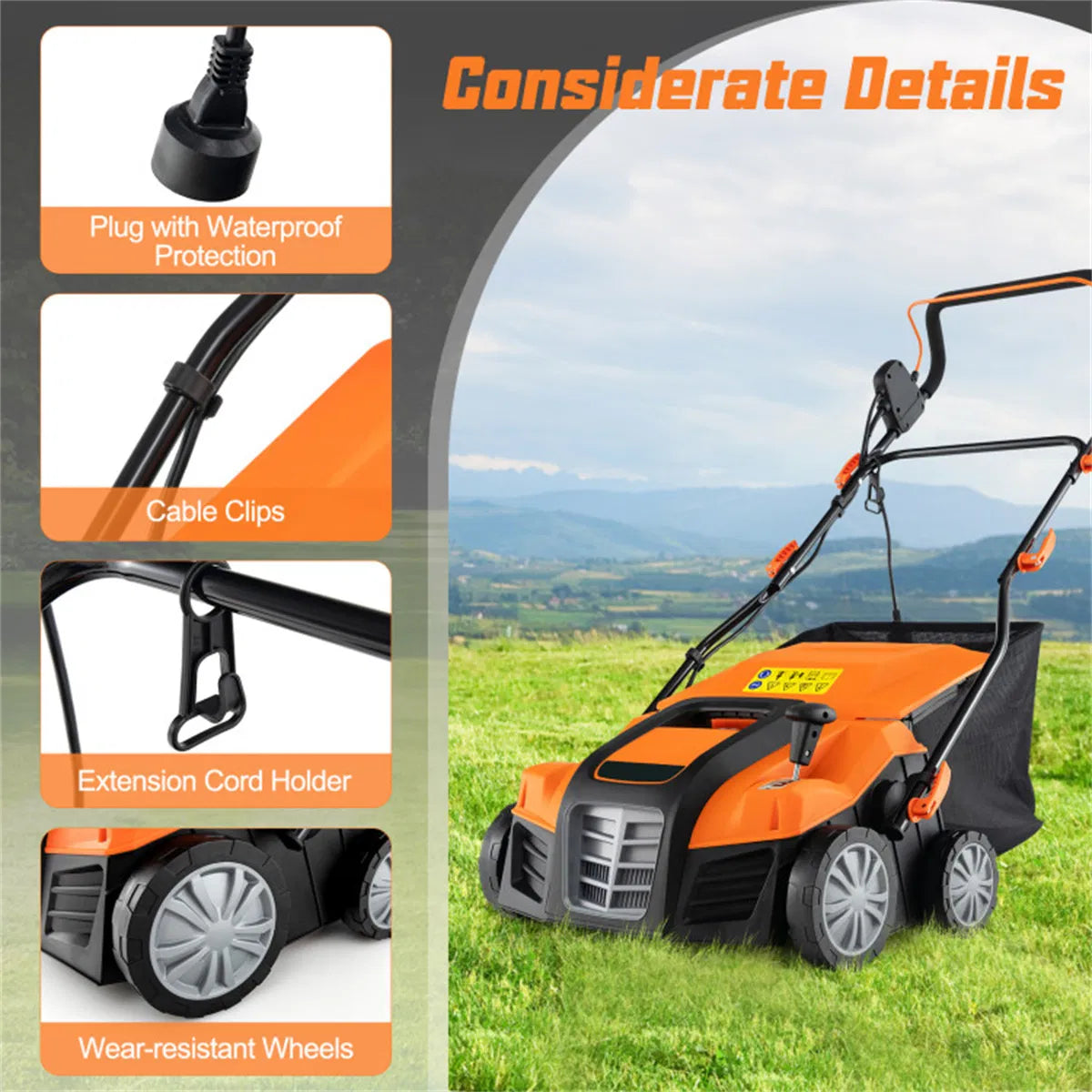 Corded Electric Lawn Dethatcher with 16 Inch Cutting Width Wear Resistant - Image 4