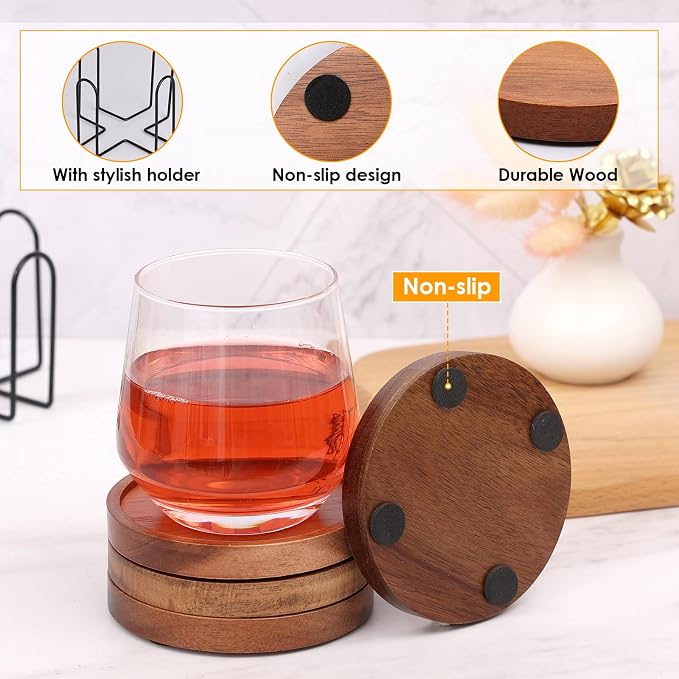 4 Pcs Wooden Drink Coasters With Holder Absorbent Coaster Set For Coffee - Image 5