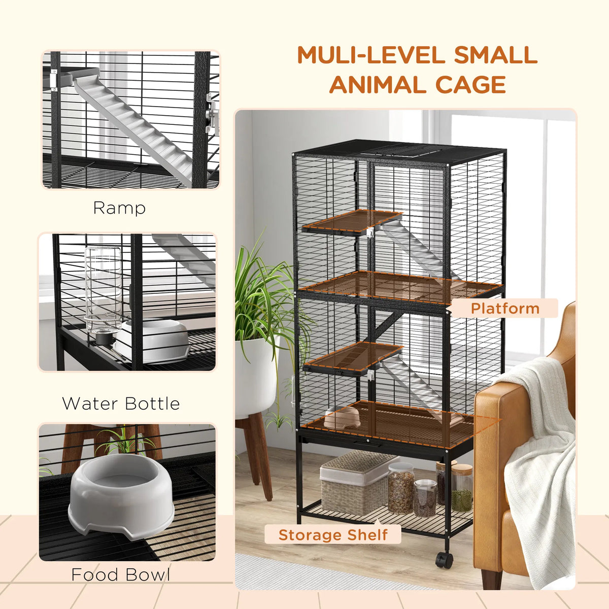 Rolling Small Animal Cage 53.5"H Chinchilla Cage for Ferrets Squirrels w/ - Image 5