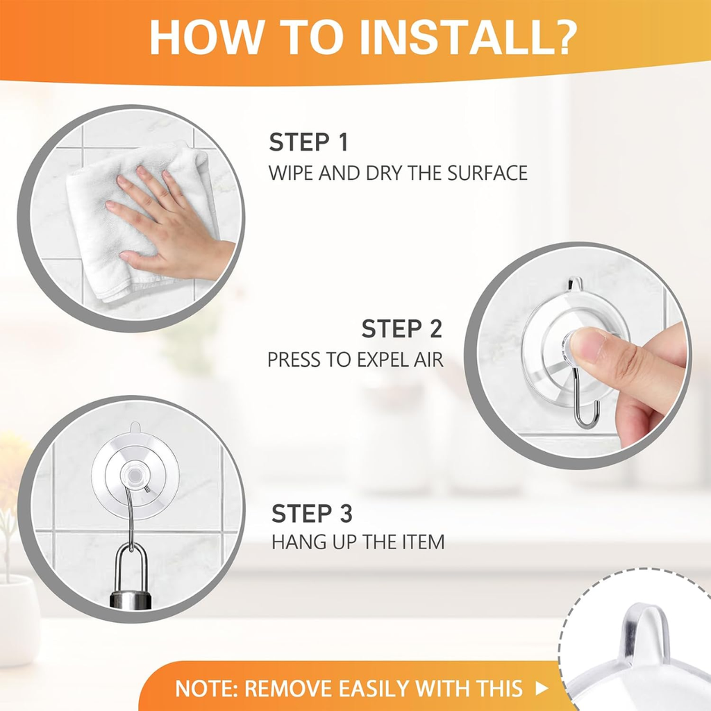 12 Pack Clear Suction Cup Hooks 77 Inch Stainless Steel Reusable Removable - Image 2