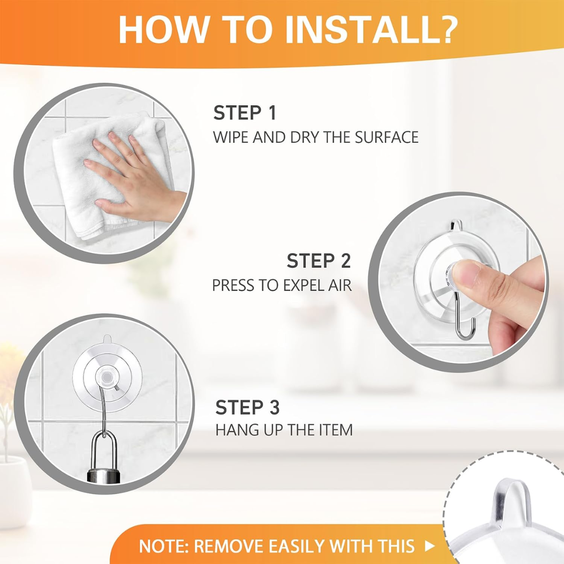 12 Pack Clear Suction Cup Hooks 77 Inch Stainless Steel Reusable Removable - Image 2