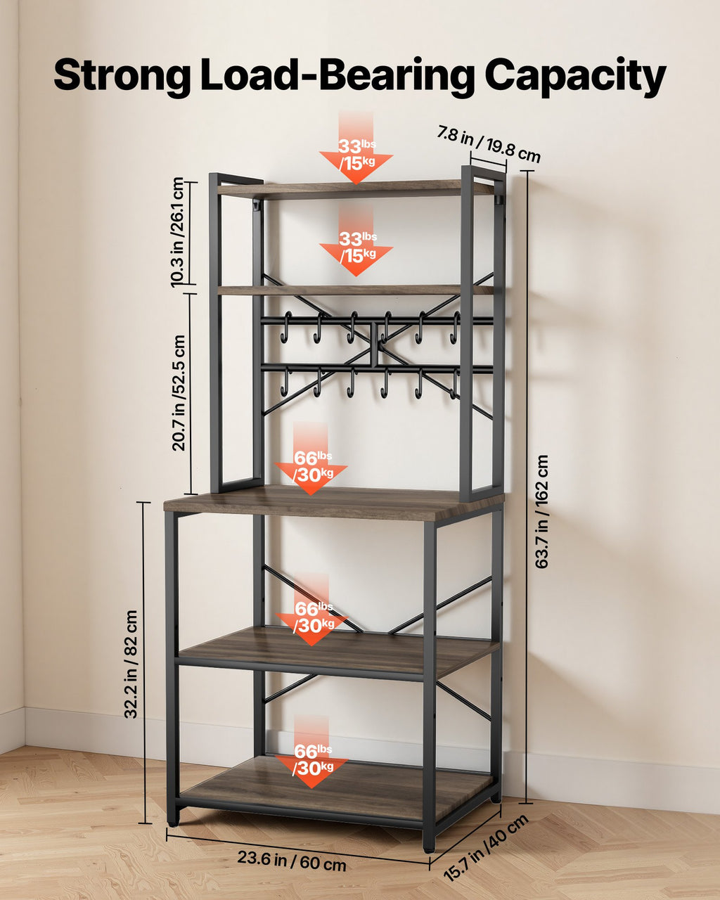 Kitchen Bakers Rack 23 Inch Width Stand With Shaped Support Bar 12 Hooks - Additional View 5