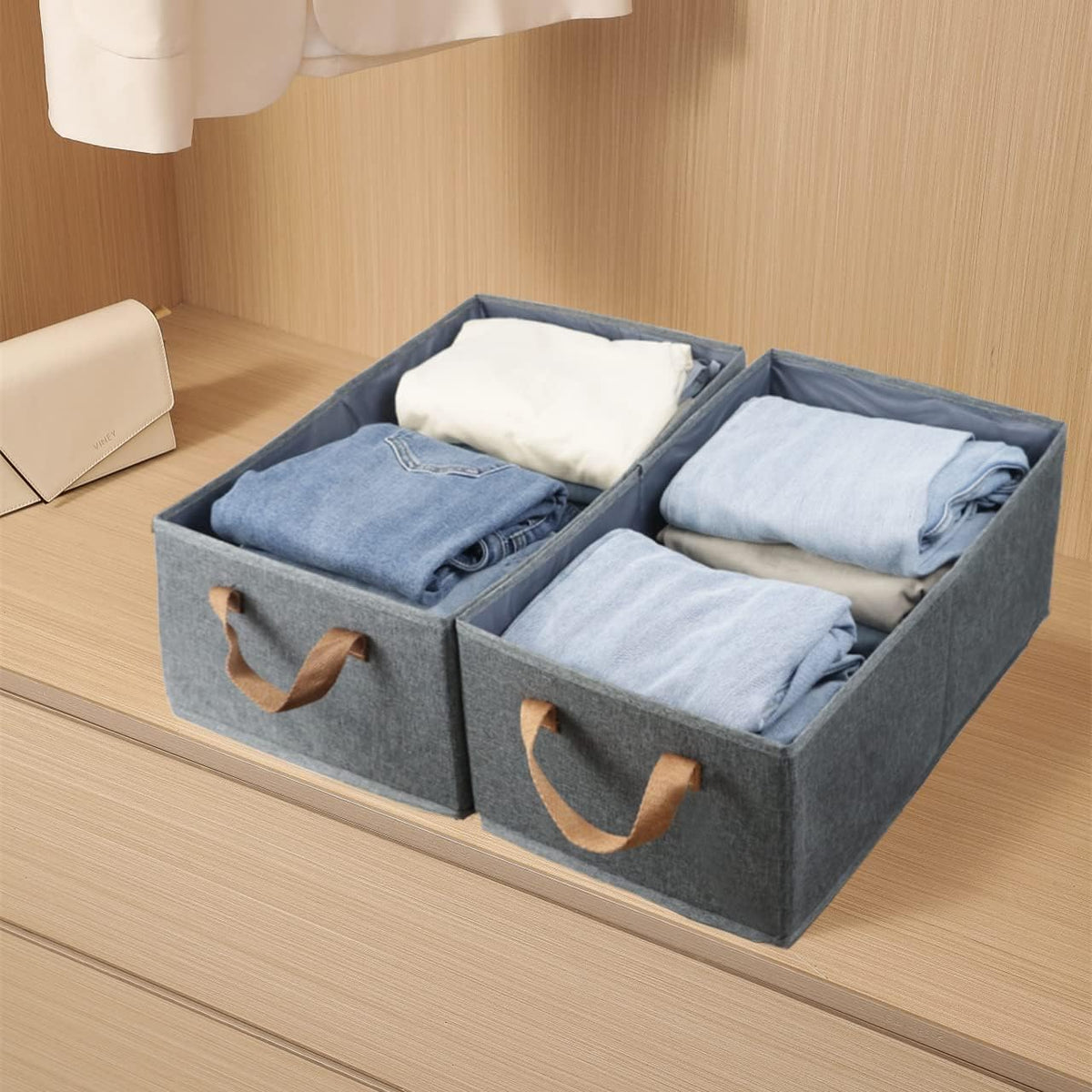 Pack Of 3 Large Capacity Storage Bins, Foldable Closet Organizer Boxes - Compact Placement on Shelf View