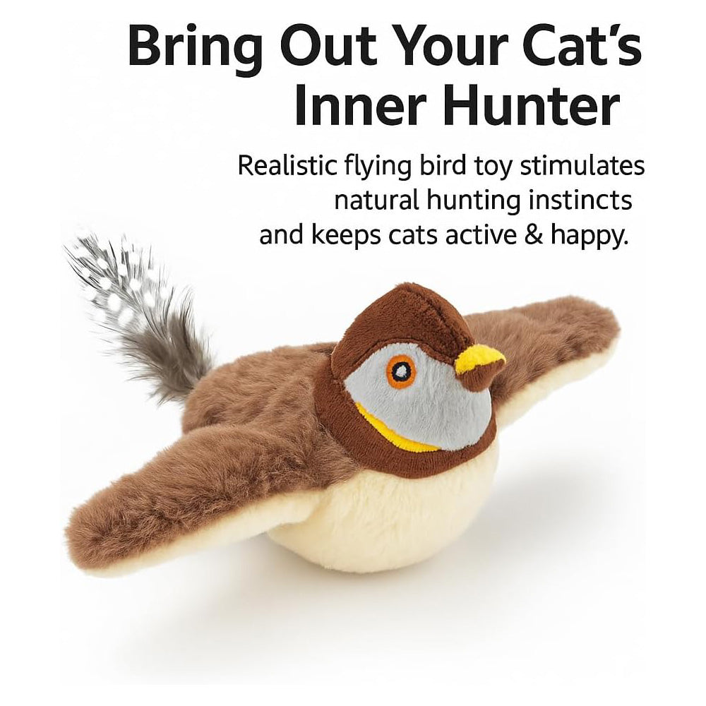 USB Rechargeable Flapping Bird Cat Toy Realistic Chirping White Faced Sparrow