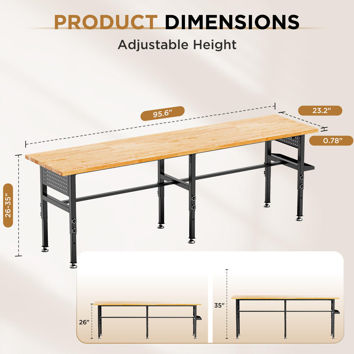 96 Inch Adjustable Workbench with Side Pegboard and Solid Wood Top - In-Use and Feature Display