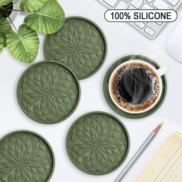 6 Piece Olive Green Silicone Coaster Set With Holder Thick Non Slip Cup Mats