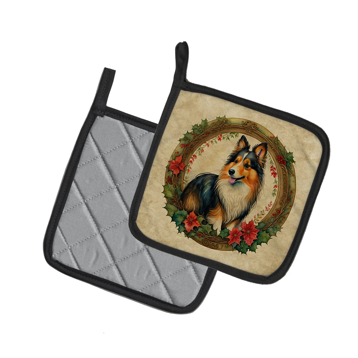 Sheltie Christmas Flowers Pair of Pot Holders Kitchen Heat Resistant Pot - Image 2