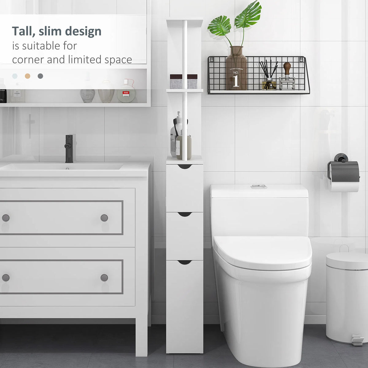 Tall Bathroom Storage Cabinet Narrow Bathroom Cabinet with Drawers and Open - Image 4