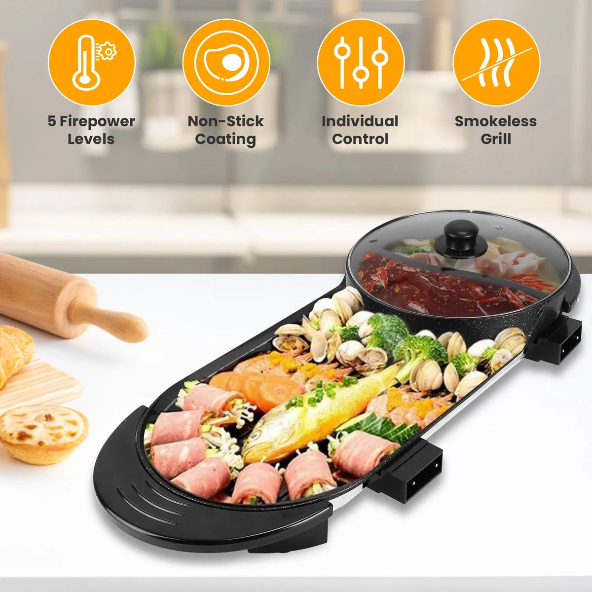 2200W Electric Hot Pot and Grill Combo 2 in 1 Independent Control Non Stick - Image 5