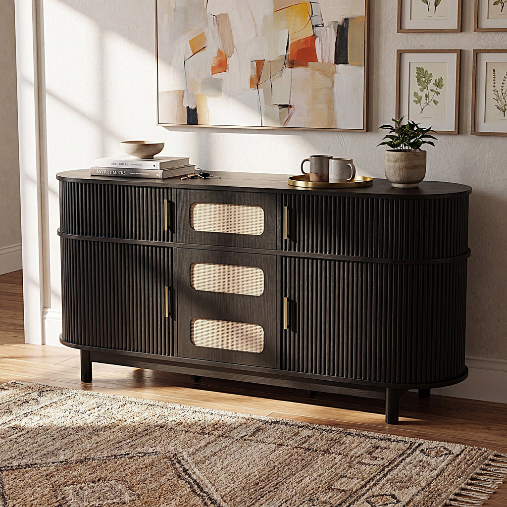 60.04" Black Sideboard Buffet Cabinet with 4 Sliding Fluted Doors for Dining - Image 3
