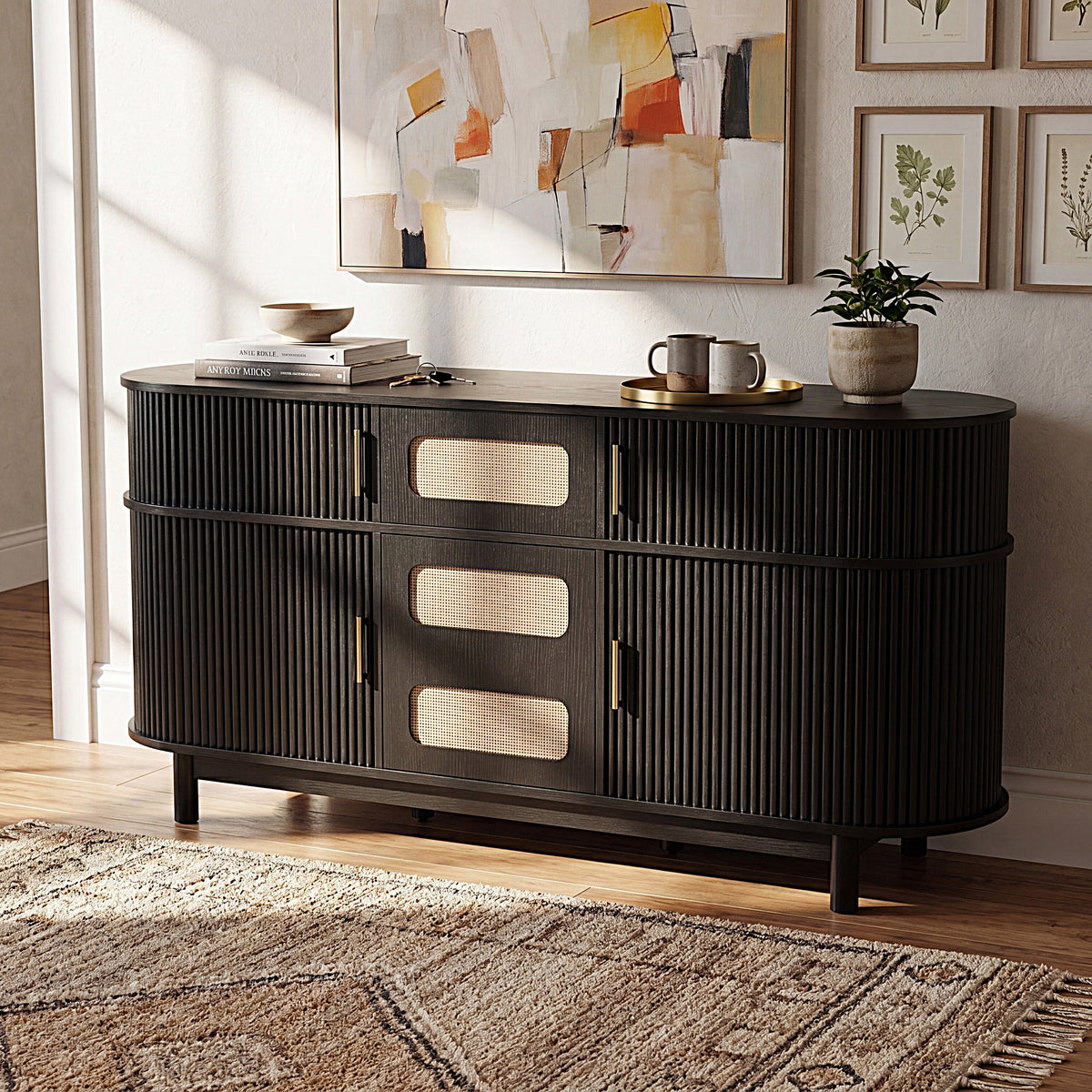 60.04" Black Sideboard Buffet Cabinet with 4 Sliding Fluted Doors for Dining - Image 3
