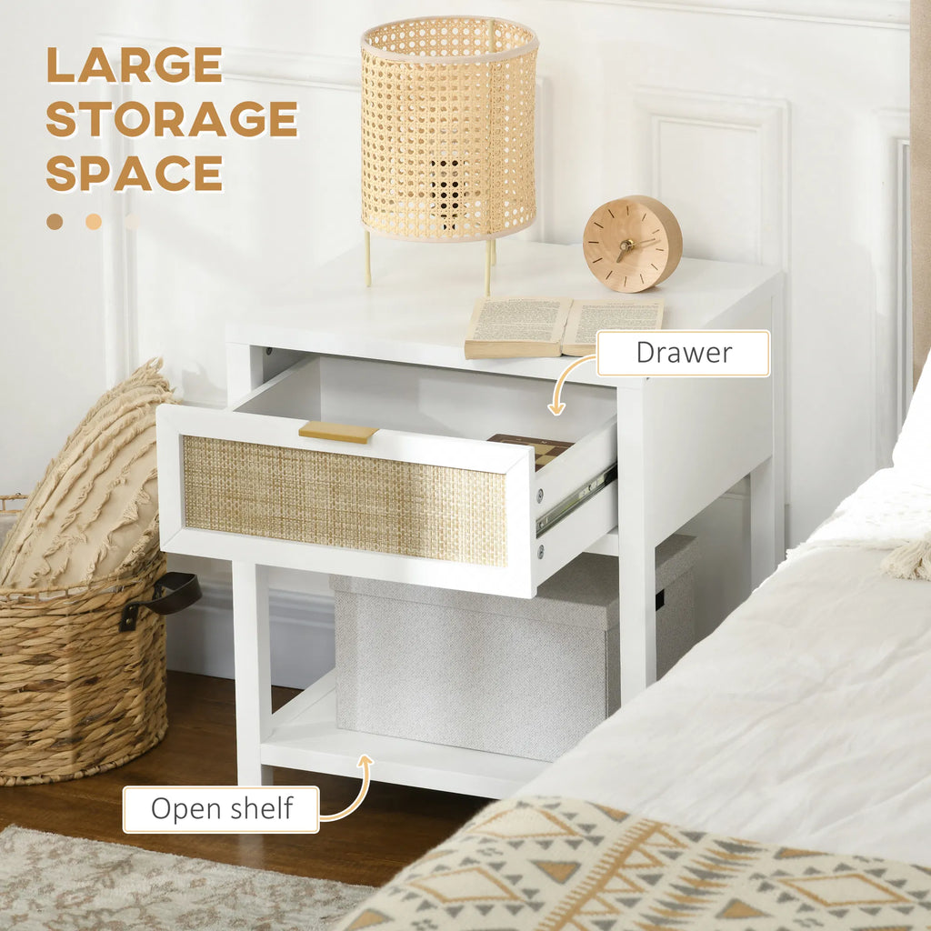 Boho Nightstand Bedside Table with Rattan Drawer and Open Shelf Side End