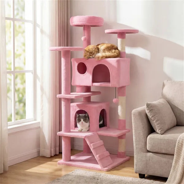 52" Tall Cat Tree Tower With Perches & Condos Multi Cat Playground With