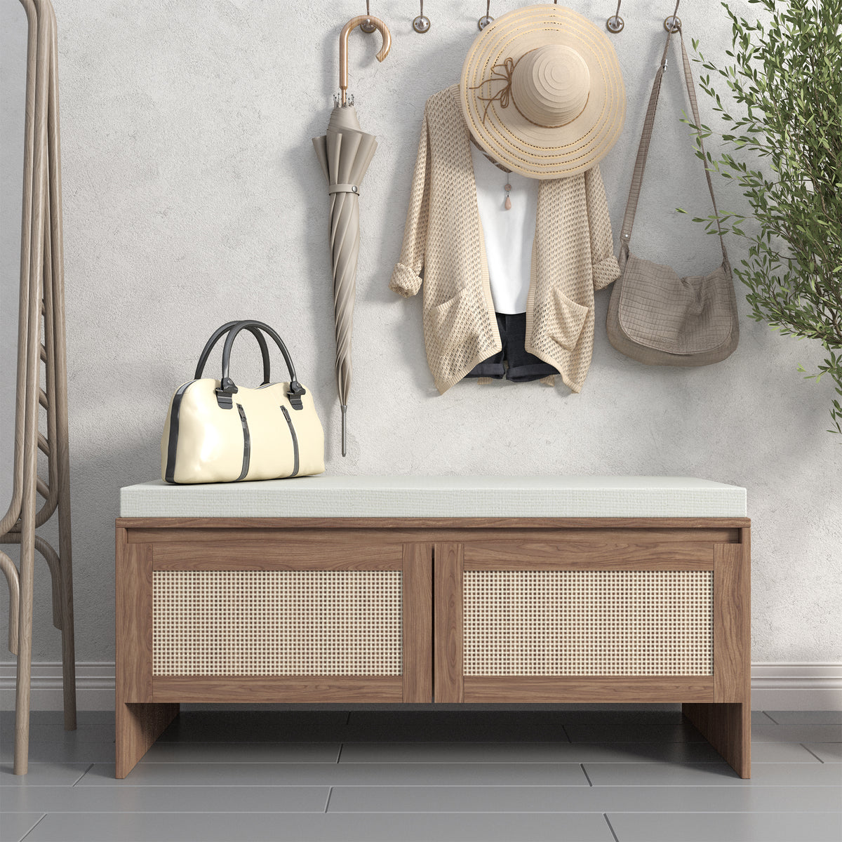 Rattan Shoe Storage Bench with Cushion and Two Doors