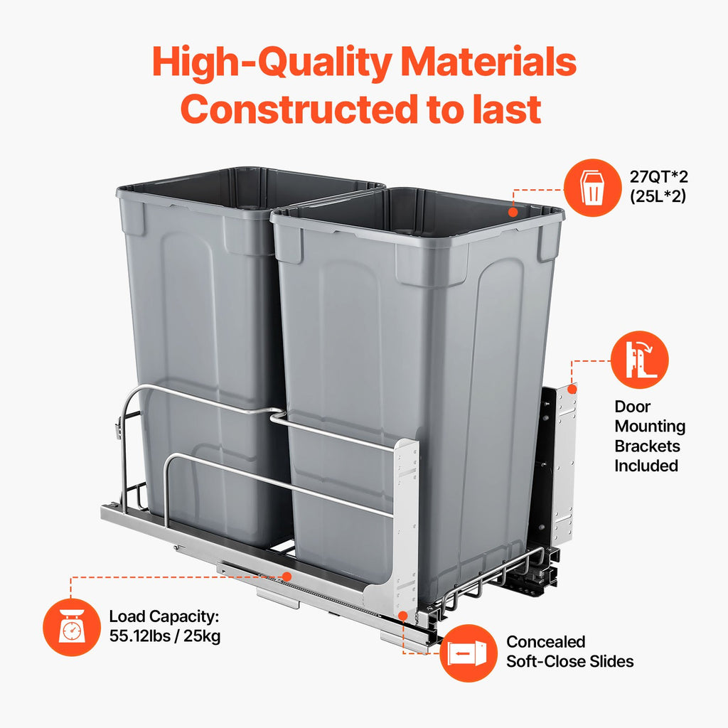 Double Pullout Waste Container Kitchen Trash Can With Soft Close Grey 27QTx2 - Image 4